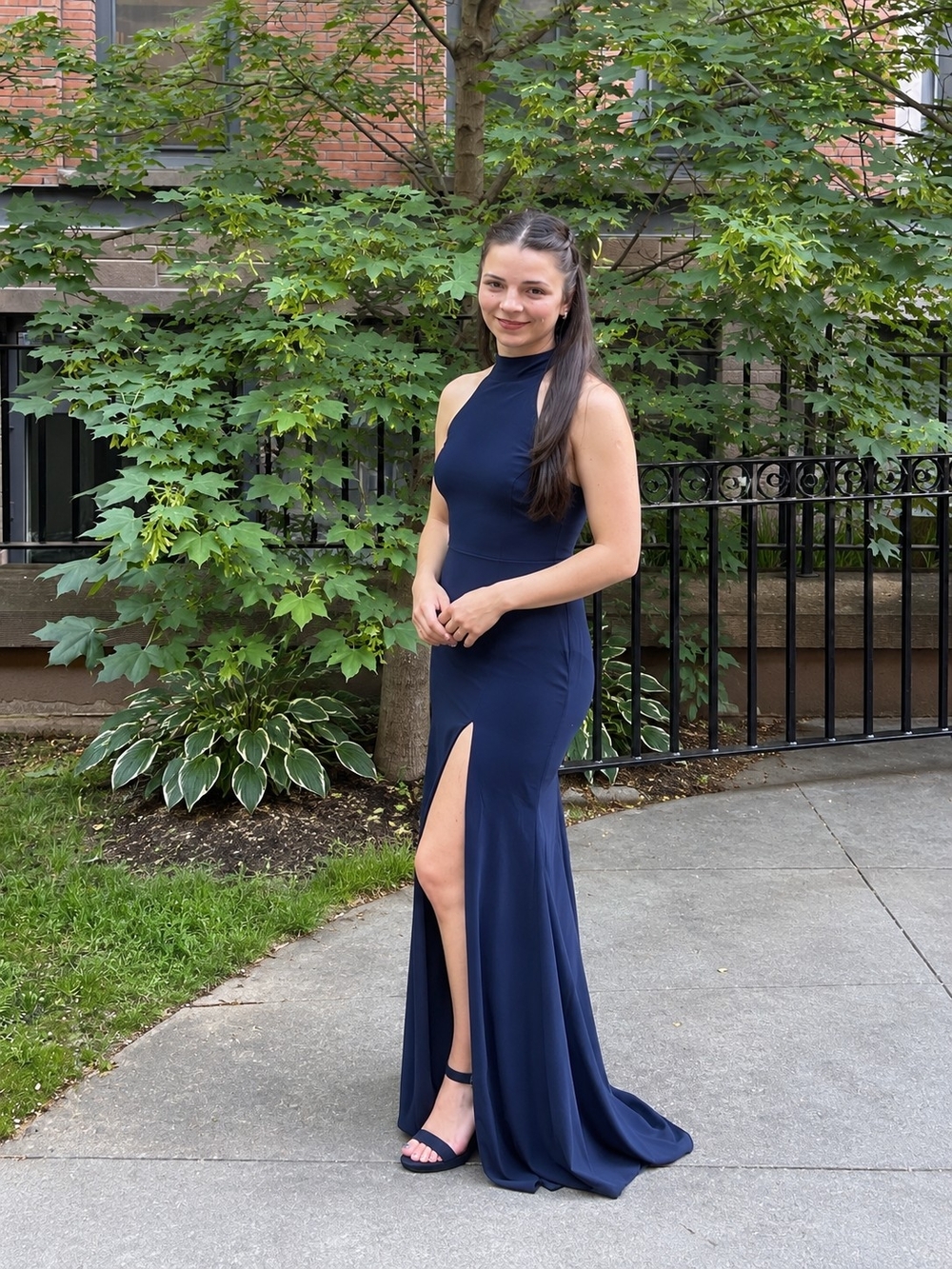 Lulu's Navy High-Neck Prom Gown with Thigh Slit